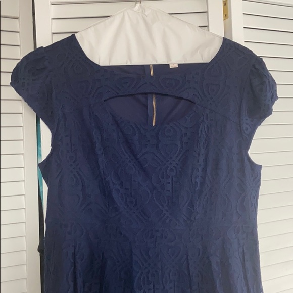 Navy Blue Lace Overlay Skater Dress - Picture 2 of 4